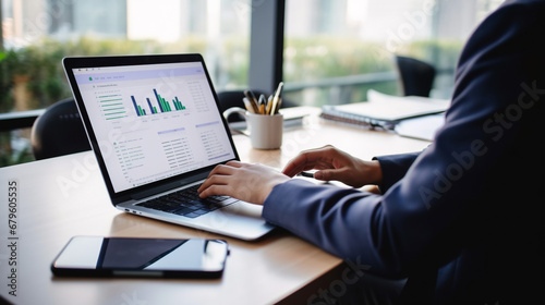 Close-up view of businessman analyzing business parameters on laptop computer at wooden desk in office