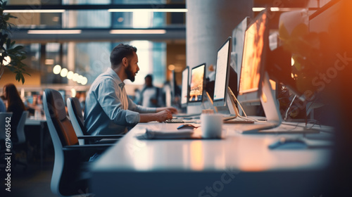 Blurred Modern office with people working on PC computers