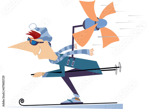 Skiing young man illustration.
Winter sport. Skier man tries to skiing faster using a propeller. Isolated on white background
