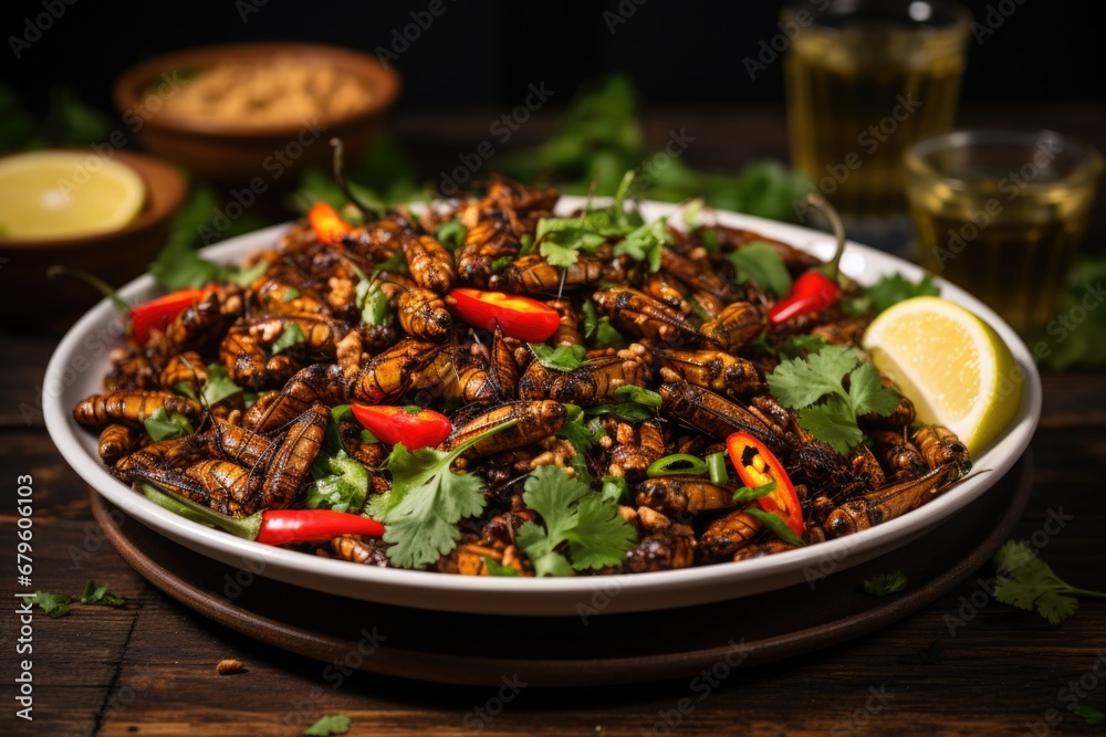 A plate of fried insects with red chili peppers and cilantro on a dark wooden table. A plate of fried insects with red chili peppers and cilantro on a dark wooden table.