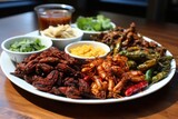 Large platter of various fried insects and other snacks on a wooden table and there are small bowls of sauces and garnishes around it.