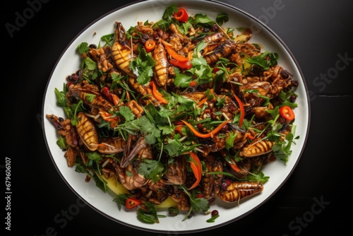 Exotic cuisine on a white plate - fried insects on a dark table, top view.