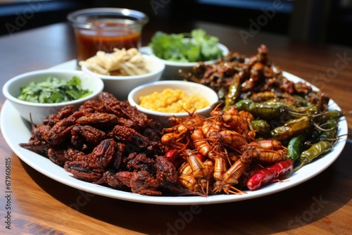 Large platter of various fried insects and other snacks on a wooden table and there are small bowls of sauces and garnishes around it.
