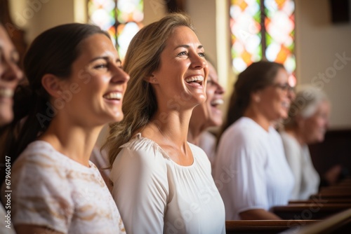 Inspired women in white clothes sing in the church choir