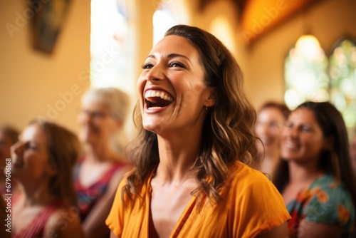 A happy laughing woman in a church. Warm and welcoming atmosphere. photo