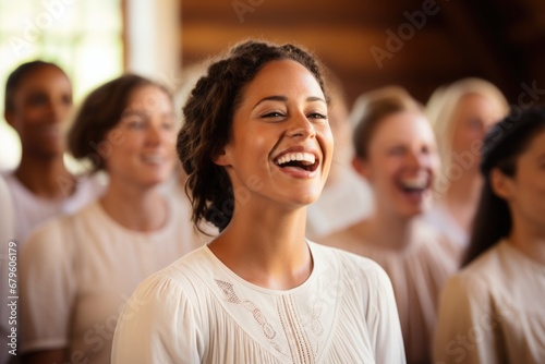 Laughing dark-skinned young woman with curly hair tied up in an updo wearing a white blouse with a lace collar. A group of women on the blurred background. The power of community