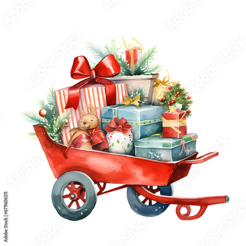 watercolor gift boxes in trolley, watercolor illustration