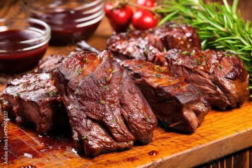 close-up of beef ribs marinated with bbq sauce