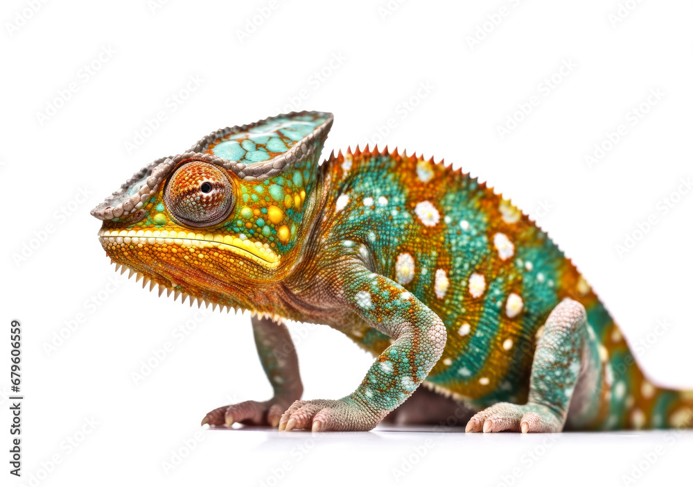 Colorful chameleon isolated on white background. 