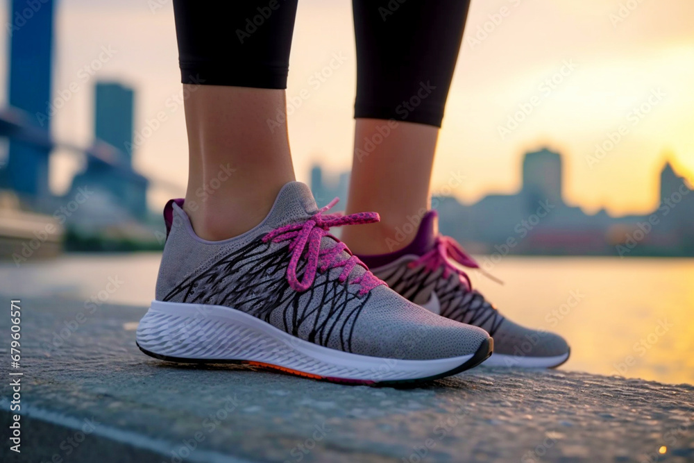 Women's legs during a morning jog, shod in sports shoes, against the background of sunrise.