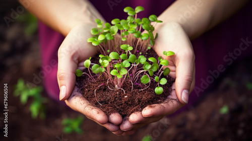 Microgreens growing background with microgreen sprouts in female hands. Generative AI
