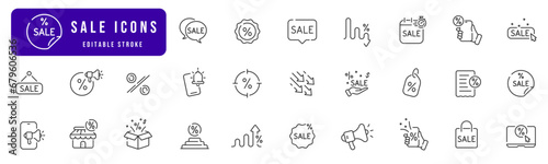 Sale offer signs. Line icon set. Shopping, tag, discount, buying, offer, price symbols. Editable stroke