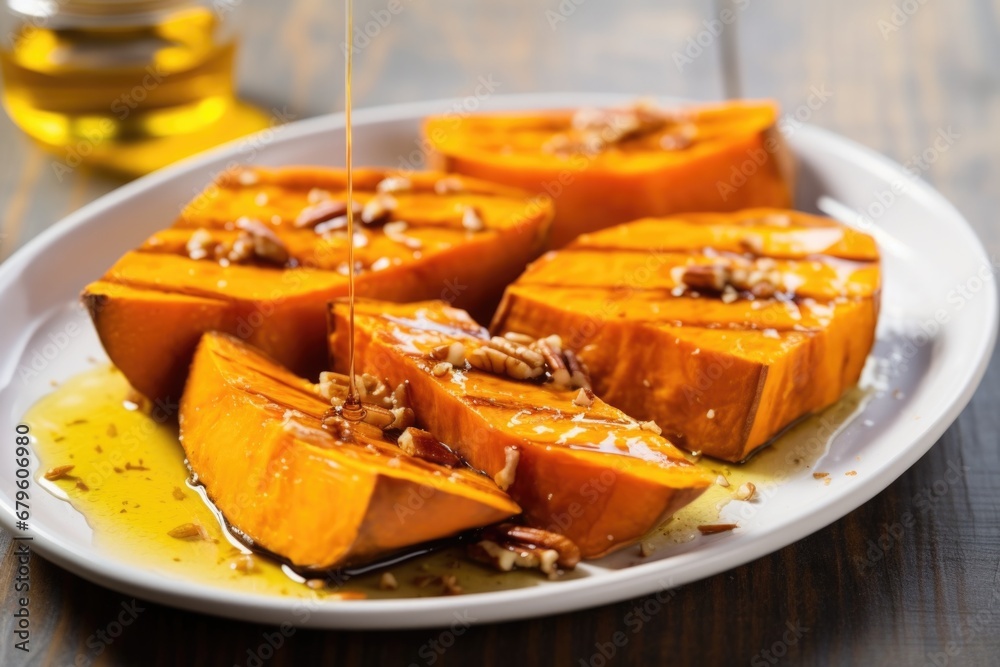 grilled sweet potato with maple syrup and pecans