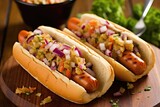 barbecued hot dogs with diced onions and relish on side