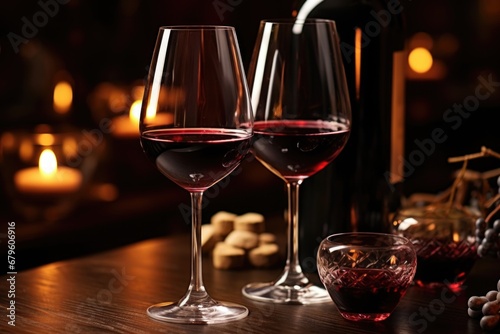 wine glasses filled with red wine near a candle