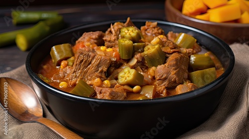 Homemade okra stew in bowl. 