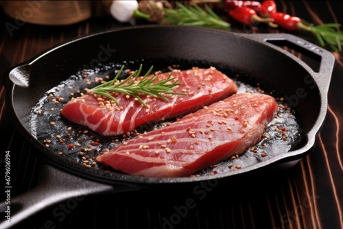 red tuna steak, salted, peppered & garnished with sesame on a skillet