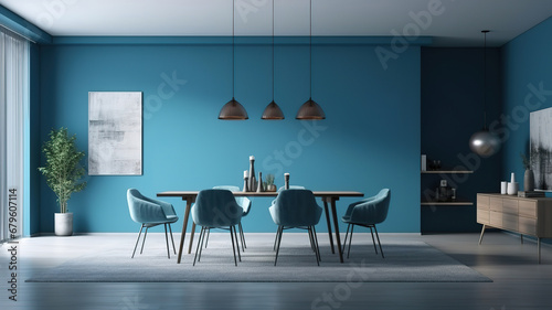 Modern interior design of room with table and chairs 3d rendering. Generative Ai