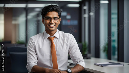 Bellissimo giovane uomo di origini indiane in ufficio con vestito elegante photo