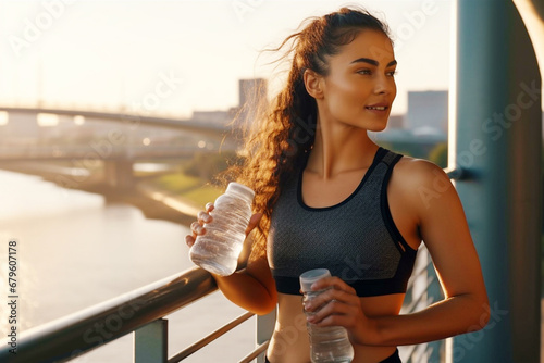 A young female athlete drinks water from a bottle after fitness or running