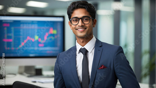 Bellissimo giovane uomo di origini indiane in ufficio con vestito elegante davanti ad un grafico degli andamenti delle azioni in borsa photo
