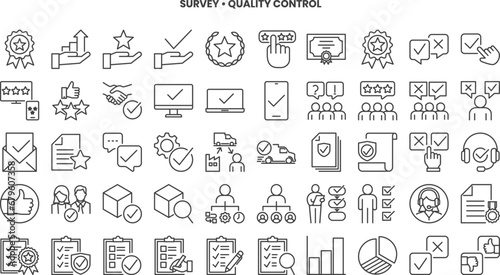 Survey and quality control with check, testing, inspect and certificate icon set.