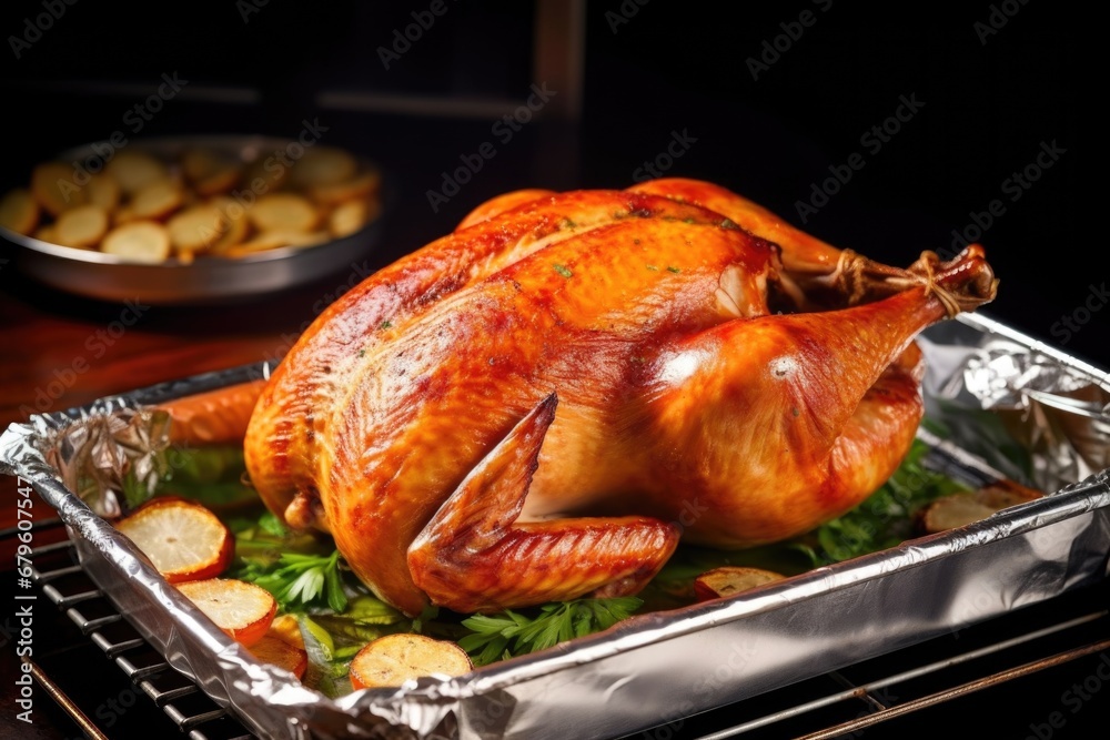 whole turkey covered with aluminum foil in the oven