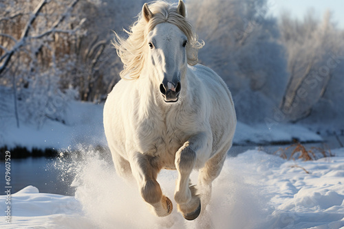 a horse running in the snow