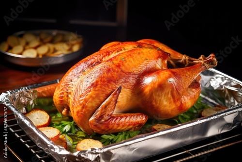 whole turkey covered with aluminum foil in the oven photo