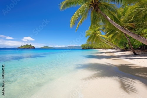 a pristine tropical beach with palm trees and crystal blue water © altitudevisual