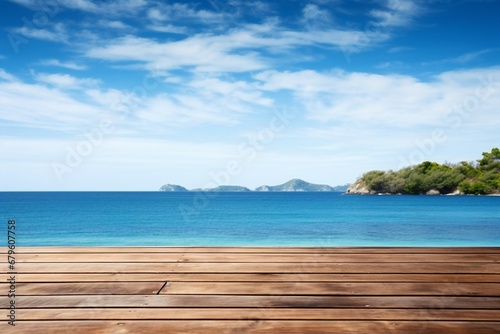 Wooden table on the background of the sea, island and the blue sky