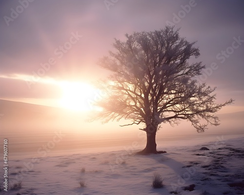 Baum auf einem Feld im Winter / Wintersonne scheint auf einen einsamen Baum / Winter Wallpaper / Winter Landschafts Poster / Ai-Ki 