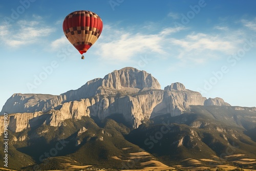 a hot air balloon floating past a mountain peak