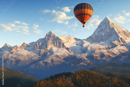 a hot air balloon floating past a mountain peak