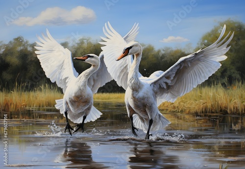 Zwei Schwäne landen in einem See Illustration / Schwäne starten aus einem See in die Luft / Animal Bird Poster / Vogel Natur Wallpaper / Ai-Ki generiert