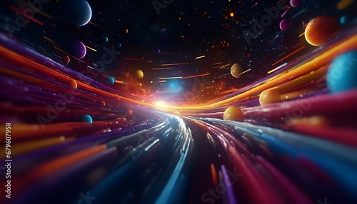 Space Traffic Wallpaper / Abstraktes Sci-Fi Digital Poster / Bunter Kosmos / Partikel im All / Ai-Ki generiert photo