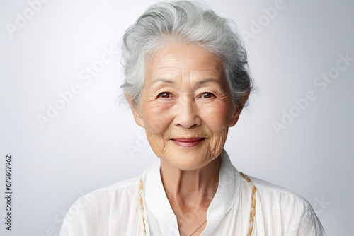 Serenidad Arraigada: Rostro de una Dama Senior Asiática en Fondo Sencillo