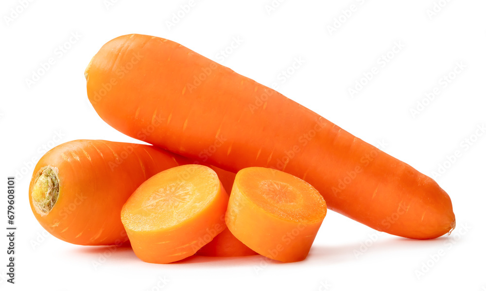 Obraz na płótnie Two fresh orange carrots with slices in stack isolated on white background with clipping path and shadow in png file format Close up of healthy vegetable root w salonie