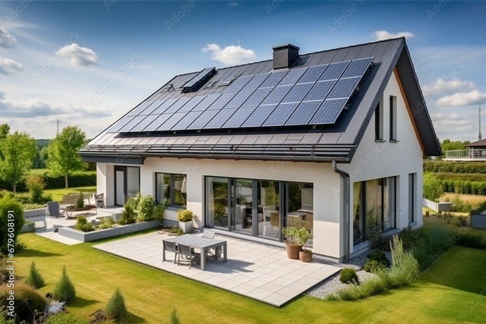 New suburban house with a photovoltaic system on the roof. Modern eco ...