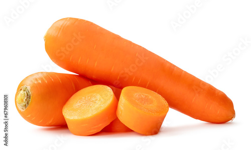 Two fresh orange carrots with slices in stack isolated on white background with clipping path and shadow in png file format Close up of healthy vegetable root photo