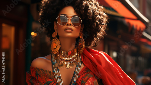 portrait of beautiful young brunette woman wearing stylish sunglasses and colorful clothes.
