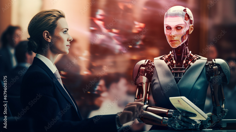 Generative AI illustration of serious woman robot