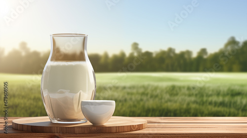 Mornings in Harmony: 3D Rendering of a Sunlit Milk Jar on Wooden Plank, 4K Photorealistic Scene with Copy Space, Featuring a Picturesque Backdrop of Dairy Cow, Lush Green Grass, and Rolling Hills.