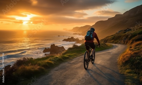 A cyclist pedals along a scenic coastal path with waves crashing in the background.  photo