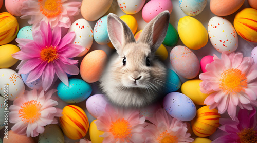 Cute rabbit and colorful Easter eggs. top view.Generative AI photo