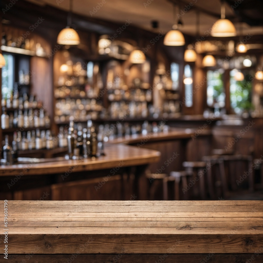 Empty wooden table and blurred background of bar, For product display