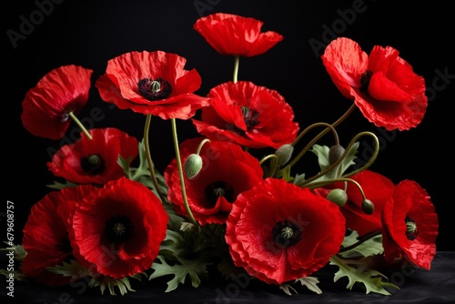 Red poppies on black background. Remembrance Day  Armistice Day symbol