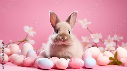 Cute rabbit and colorful Easter eggs. top view.Generative AI photo