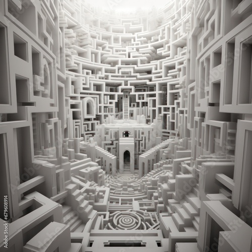 Escher-inspired 3d visual of a complex architectural maze with endless hallways and staircases