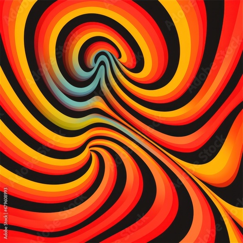Colorful abstract artwork with warm red, orange, and yellow swirls creating a fluid motion